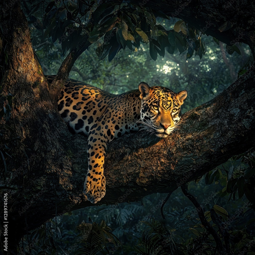 Poster jaguar resting on a tree branch in a rainforest.