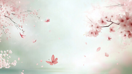 Elegant cherry blossom branches with pink butterflies on a soft pastel background