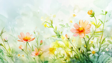 Vibrant wildflowers in a sunlit meadow painted in soft watercolor style
