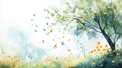 Whimsical watercolor landscape with butterflies flying over a sunny meadow