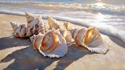 Seashells on sandy beach near ocean waves at sunset.