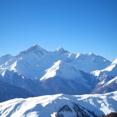 Naklejka premium Winter Mountain Range with Snow Covered Peaks and a Bright Blue Sky