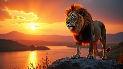 Obraz premium Majestic lion standing on a rock at sunset, with a golden mane and a serene savannah landscape.