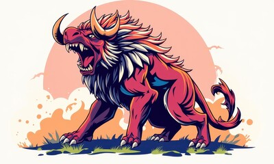 Fototapeta premium Vibrant fantasy creature illustration with red hues and fierce features against a glowing backdrop capturing mythical and artistic design elements.