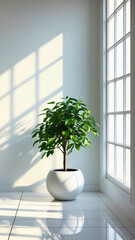 Fototapeta premium a single potted plant placed on a glossy white tiled floor.