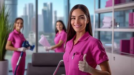 Fototapeta premium Smiling female cleaning worker in house doing housekeeping work