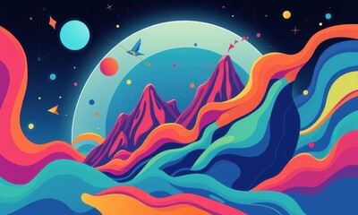 Surreal Cosmic Landscape with Vibrant Abstract Mountains, Planets, and Stars in a Colorful Dreamlike Universe of Imagination and Fantasy Art