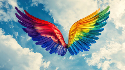 Obraz premium A Pride flag wings symbolize freedom and rights activism against cloudy sky backdrop