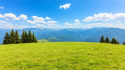 Fototapeta premium Mountain Meadow Landscape with Green Grass and Blue Sky