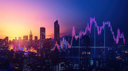 Obraz premium A City skyline silhouette with financial graph overlay, symbolizing growth in healthcare investment