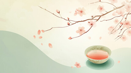Elegant cherry blossom branch with a cup of tea on a soft pastel background