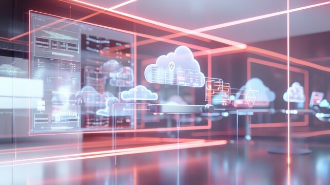 Cloud network operations center holographic screens display connections, with floating 3D topology maps in a high-tech minimal space.