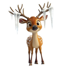 A Curious 3D Cartoon Deer Exploring a Snowy Landscape Isolated on Transparent Background