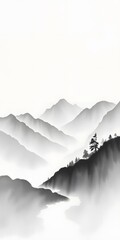  Serene Mountain Landscape in Ink Painting with Soft Grayscale Tones