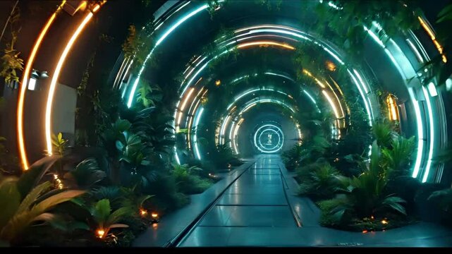 Futuristic Tunnel with Glowing Neon Rings and Lush Green Plants &ndash; Sci-Fi Nature Animation Background for Technology, Biotech, and Eco-Futurism Motion Graphics Projects"