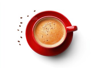 Overhead view of a red cup of coffee with coffee beans.