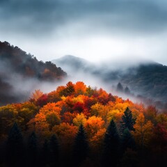 Fototapeta premium autumn forest landscape with fog