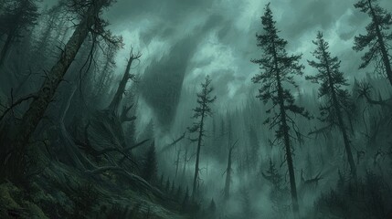 Dark, misty forest with tall trees and ominous clouds.