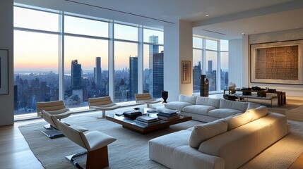 Luxurious modern living room with city view at sunset.