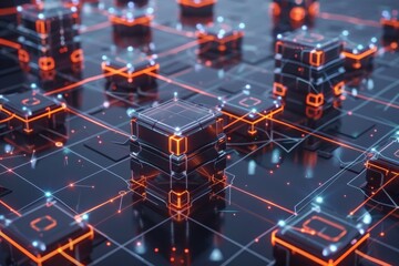 Digital ledger architecture, crystalline blocks holding transaction records, connected by validation streams, corporate tech design.