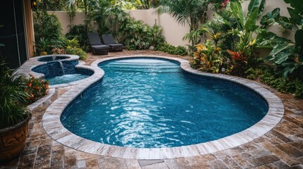 Tropical backyard pool with spa and lounge chairs