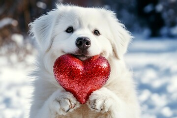 Kuvasz - my preferred dog, symbol of friendship. Ad campaign furry friend visual idea. Cute kuvasz hound with sparkling rhinestones red heart on a walk in a winter green space. Love and pets.