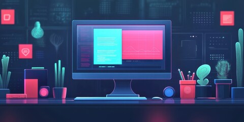 Stylized workspace of a digital enthusiast showcasing a modern monitor displaying vibrant graphs, surrounded by tech accessories and greenery