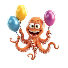 A Happy 3D Cartoon Octopus Holding Balloons Isolated on Transparent Background
