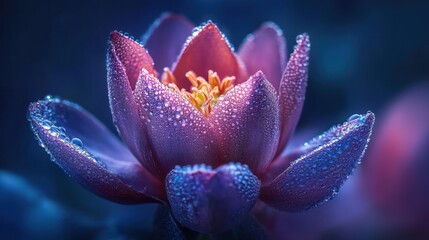 Dew-kissed purple lotus flower blossom.