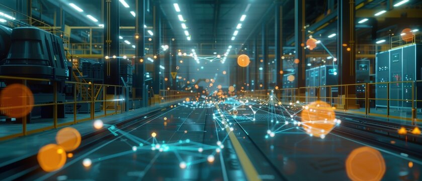 Factory floor's industrial sensor network with floating data points and machine-to-machine streams forms a muted tech digital twin overlay.