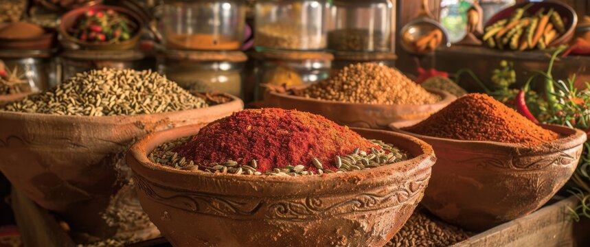 Exotic spice market stall displays cumin seeds and bright paprika in rustic bowls amid vibrant, detailed spices and distorted shapes.