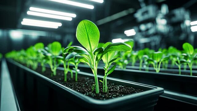 Indoor seedling growth, hydroponic farm, rows of young plants, fluorescent lights