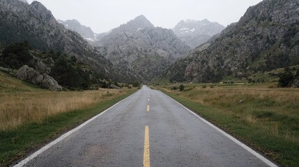 Naklejka premium Mountain Road Through Valley Landscape, Peaceful Travel Destination