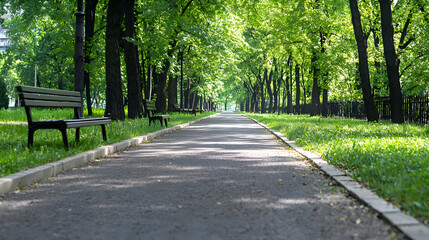 Fototapeta premium Sunlit Park Path with Benches and Lush Green Trees