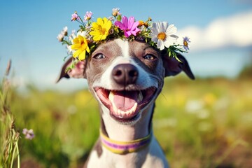 Vacation time happiness. Sunny daylight. Cute baby dog whippet wearing savage flower circlet on its head. Carefree dog in a flower garden. Playful pet in a flower paradise. Happy little pupp.