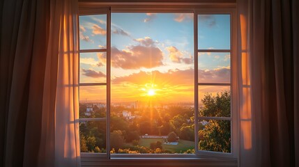 A beautiful sunset is viewed through an open window