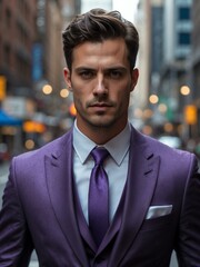 Fototapeta premium Attractive adult american guy in purple themed formal suit portrait on busy city street background, facing front and looking serious