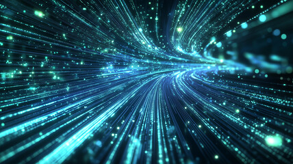Fototapeta premium 暗号化データの流れ、交差する青と緑の光が象徴するセキュアな情報転送