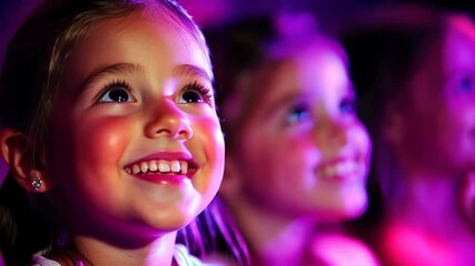 Joyful children enjoying a performance illuminated by colorful lights during an evening event