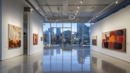 Modern art gallery interior with city view.