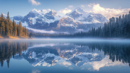 透き通る湖に映る雪山 – 静寂の朝に広がる対称美