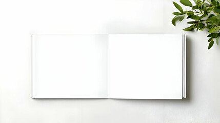Open Blank White Notebook with Green Leaves on White Background