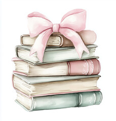 stack of old books with pink ribbon, water colour clip art 