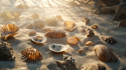 Seashells scattered on sandy beach at sunrise.