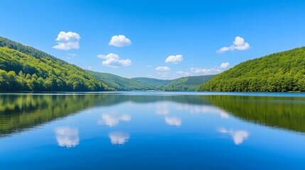 Serene Lake Landscape with Blue Water and Green Hills under a Sunny Sky