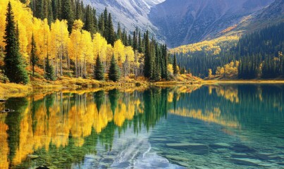 Obraz premium Autumn Aspens Reflected in Crystal Mountain Lake
