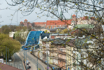 Streets of Krakow. Poland.. Podgorze district view of the bridge and centrum of the city.