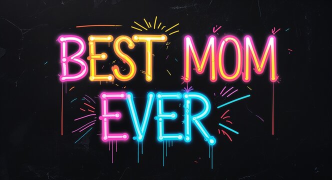 best mom ever colorful neon graffiti lettering on plain black background