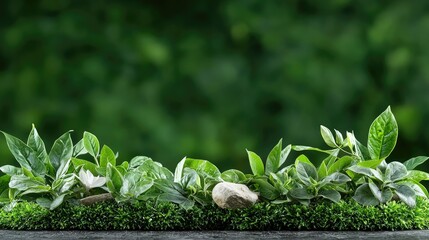 Lush greenery border, stones, tranquil garden backdrop, nature product display