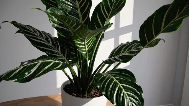 Close-up video of a potted plant with large, glossy leaves. Side angle captures natural light and shadows, highlighting leaf patterns.